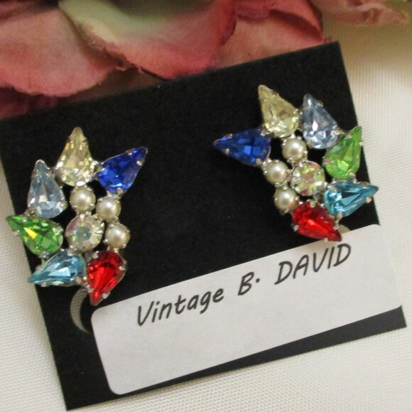 Vintage B DAVID Crystal Rhinestone Pearl Clip Earrings ~ Designer Earrings - Picture 6 of 11